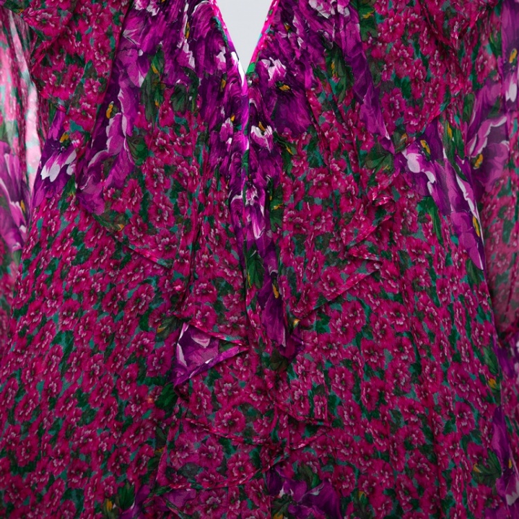 Pre Owned Roberto Cavalli Pink Floral Print Silk Ruffled Sheer Blouse M