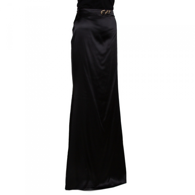 Pre Owned Roberto Cavalli Black Stretch Silk Serpent Detail Maxi Skirt L