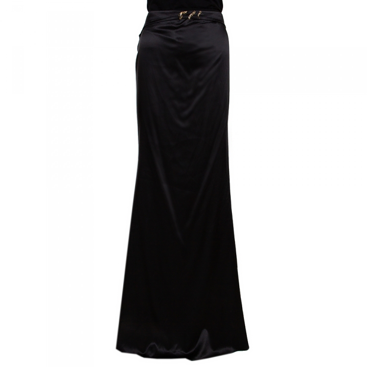 Pre Owned Roberto Cavalli Black Stretch Silk Serpent Detail Maxi Skirt L