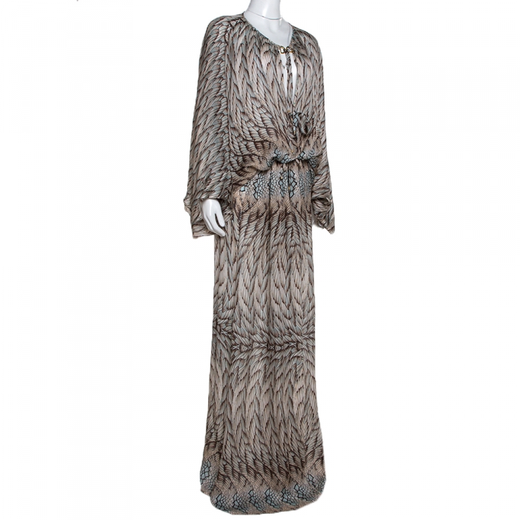 Pre Owned Roberto Cavalli Beige Wings Texture Print Silk Front Slit Detail Kaftan M