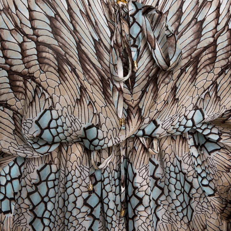 Pre Owned Roberto Cavalli Beige Wings Texture Print Silk Front Slit Detail Kaftan M