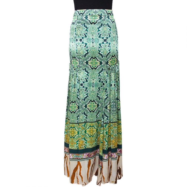 Pre Owned Roberto Cavalli Green Floral Print Silk Satin Gathered Maxi Skirt L
