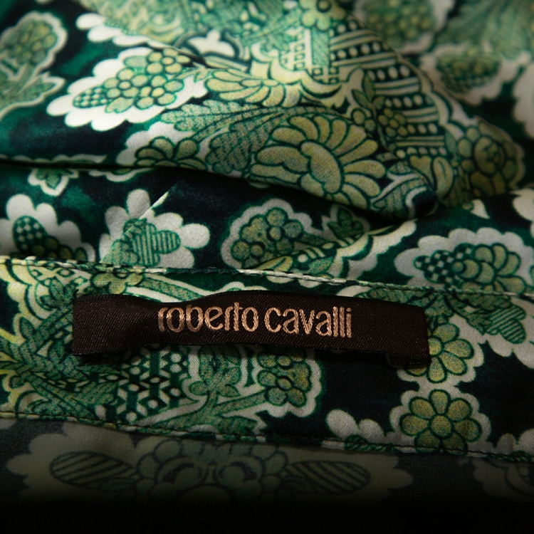 Pre Owned Roberto Cavalli Green Floral Print Silk Satin Gathered Maxi Skirt L