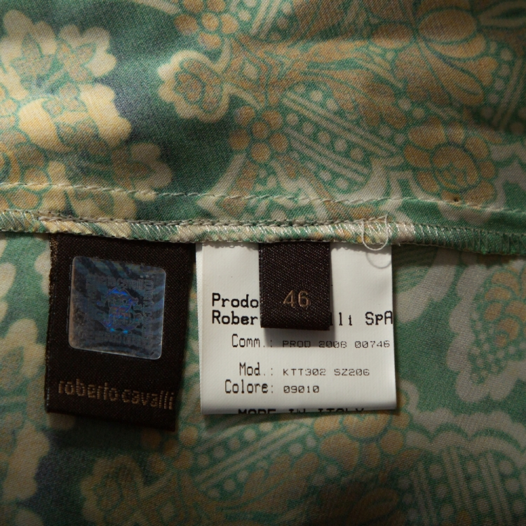 Pre Owned Roberto Cavalli Green Floral Print Silk Satin Gathered Maxi Skirt L