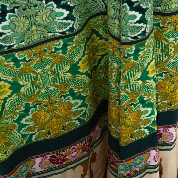Pre Owned Roberto Cavalli Green Floral Print Silk Satin Gathered Maxi Skirt L
