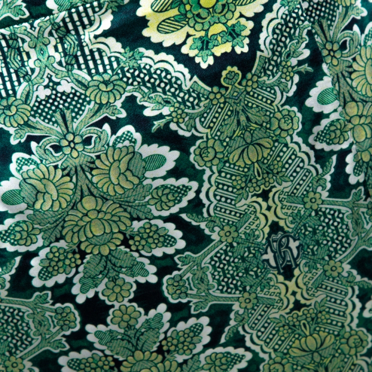 Pre Owned Roberto Cavalli Green Floral Print Silk Satin Gathered Maxi Skirt L