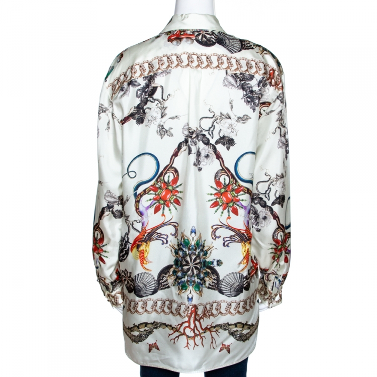Pre Owned Roberto Cavalli Cream Bejeweled Print Silk Button Front Shirt M