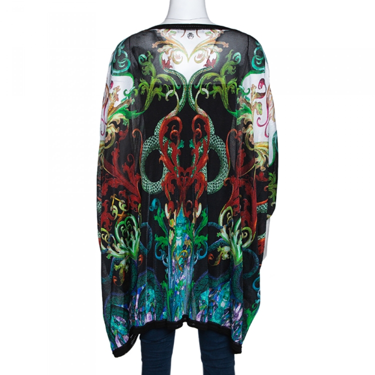 Pre Owned Roberto Cavalli Black Baroque Print Rib Knit Kaftan Top M