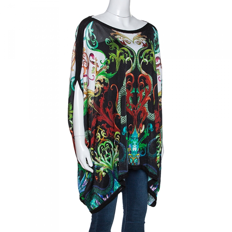 Pre Owned Roberto Cavalli Black Baroque Print Rib Knit Kaftan Top M
