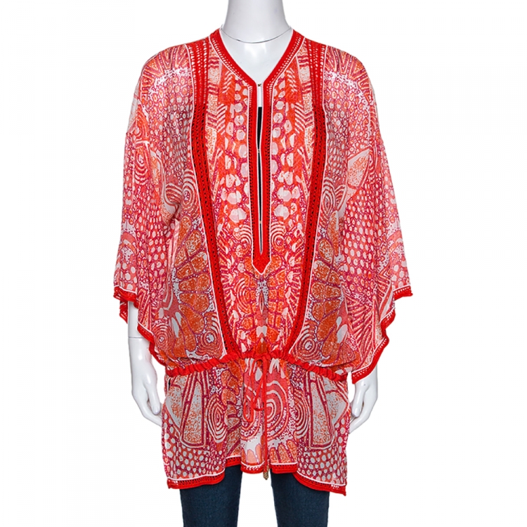 Pre Owned Roberto Cavalli Orange Abstract Print Silk Kaftan Top L