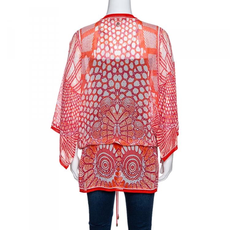 Pre Owned Roberto Cavalli Orange Abstract Print Silk Kaftan Top L