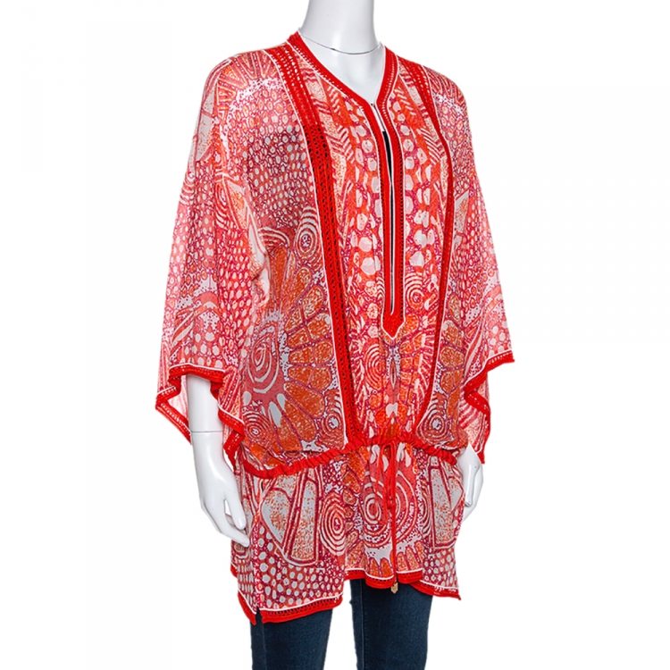 Pre Owned Roberto Cavalli Orange Abstract Print Silk Kaftan Top L