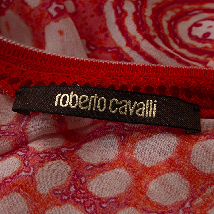 Pre Owned Roberto Cavalli Orange Abstract Print Silk Kaftan Top L