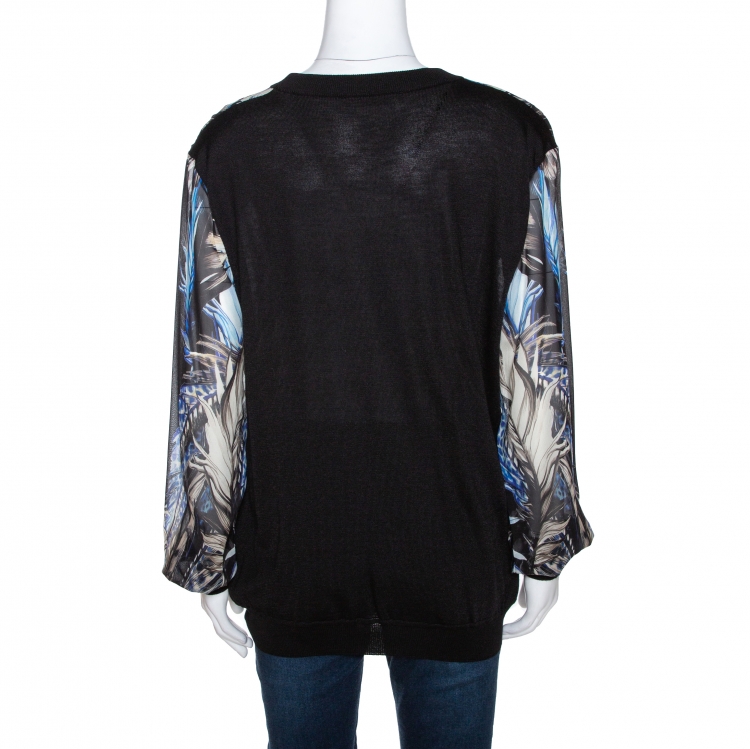 Pre Owned Roberto Cavalli Blue & Black Feather Print Silk Paneled Jumper L