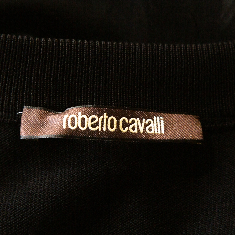 Pre Owned Roberto Cavalli Blue & Black Feather Print Silk Paneled Jumper L