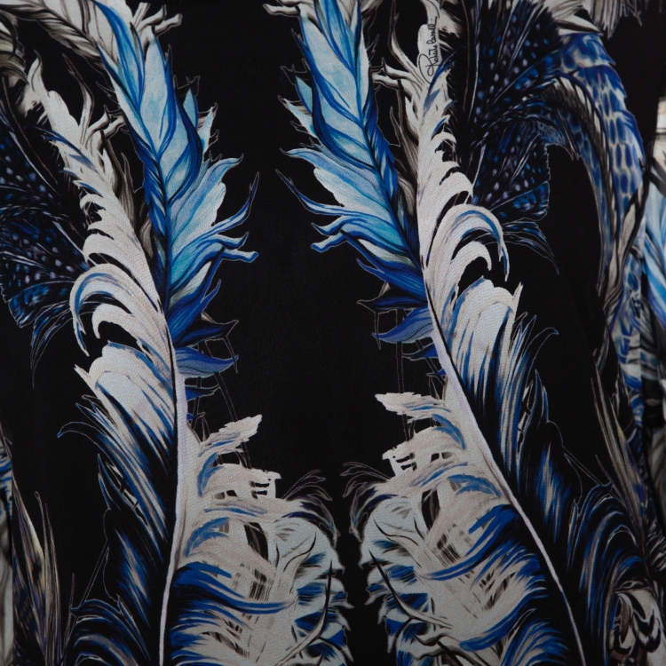 Pre Owned Roberto Cavalli Blue & Black Feather Print Silk Paneled Jumper L