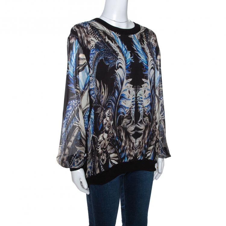 Pre Owned Roberto Cavalli Blue & Black Feather Print Silk Paneled Jumper L