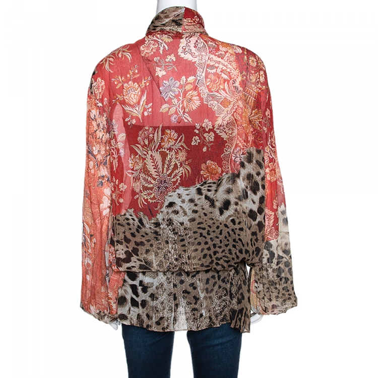 Pre Owned Roberto Cavalli Multicolor Floral & Animal Print Silk Neck Tie Detail Blouse L