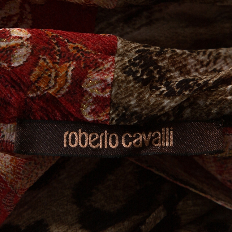 Pre Owned Roberto Cavalli Multicolor Floral & Animal Print Silk Neck Tie Detail Blouse L