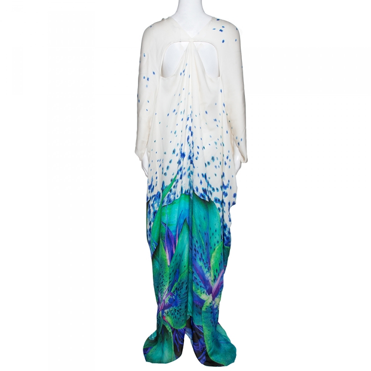 Pre Owned Roberto Cavalli Multicolor Floral Print Silk Plunge Neck Kaftan L