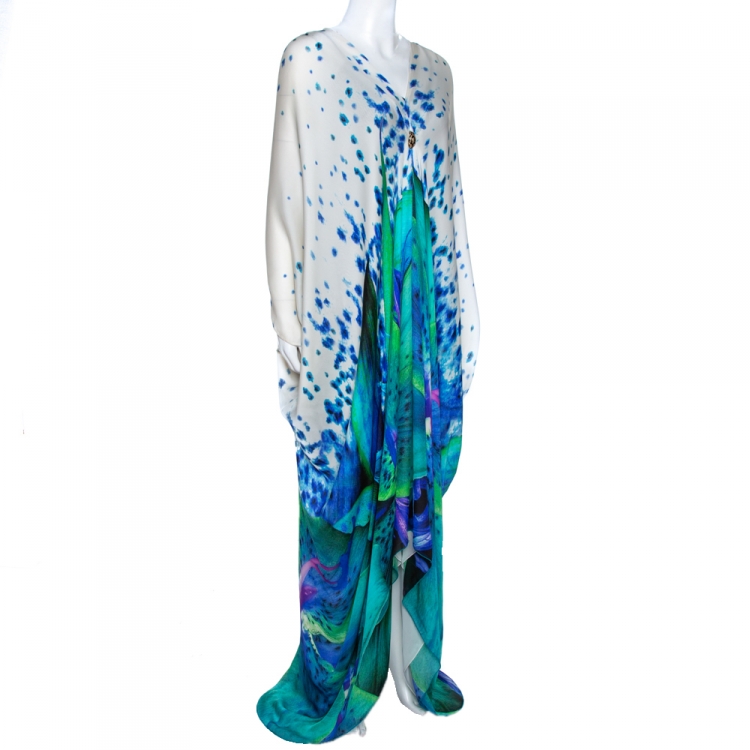 Pre Owned Roberto Cavalli Multicolor Floral Print Silk Plunge Neck Kaftan L
