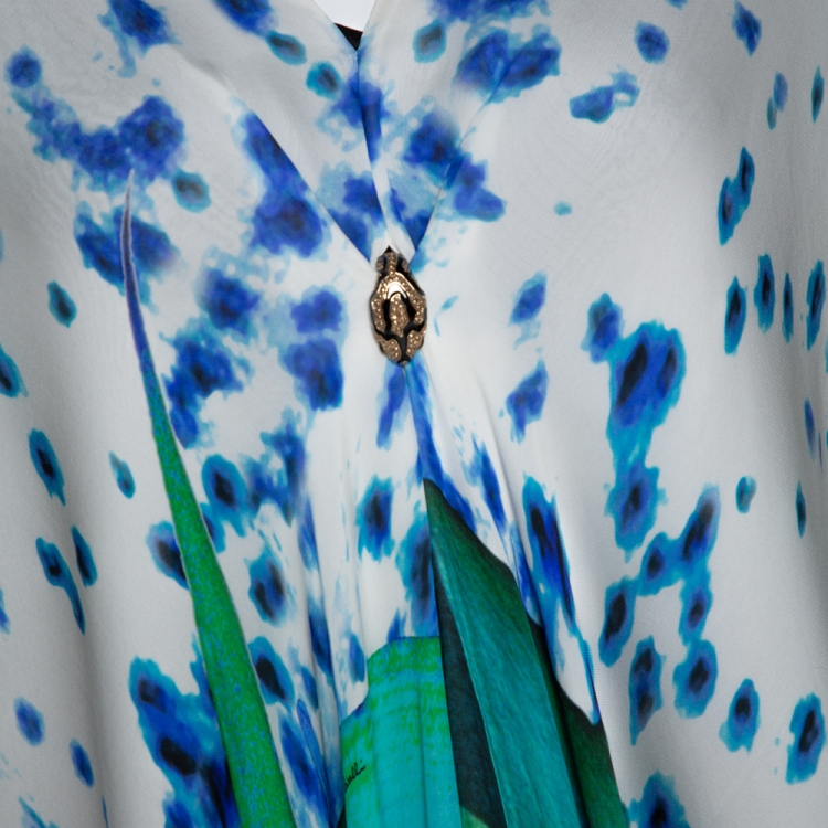 Pre Owned Roberto Cavalli Multicolor Floral Print Silk Plunge Neck Kaftan L
