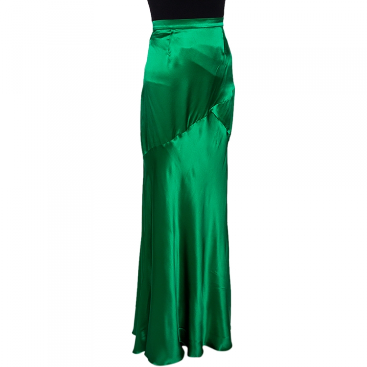Pre Owned Roberto Cavalli Green Satin Silk Flared Maxi Skirt L