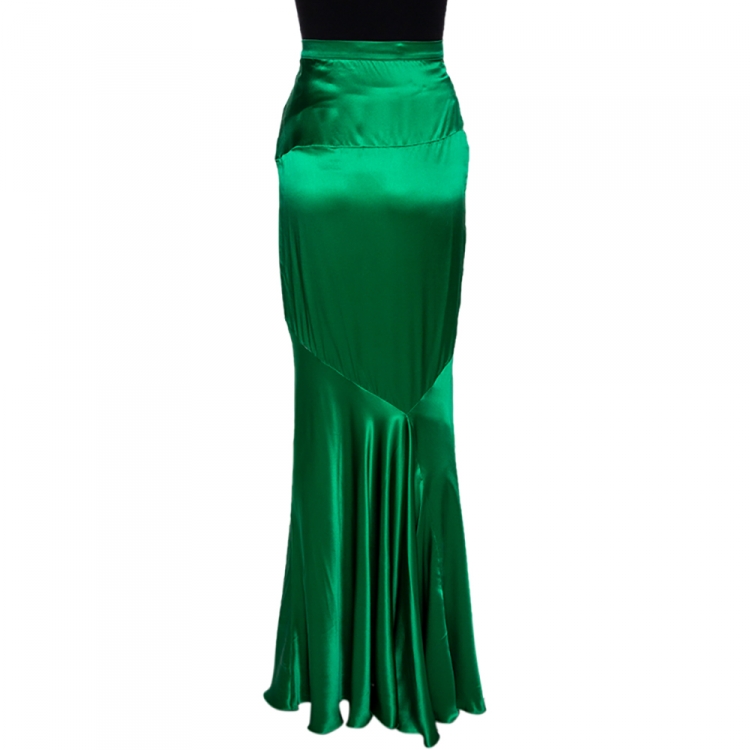 Pre Owned Roberto Cavalli Green Satin Silk Flared Maxi Skirt L