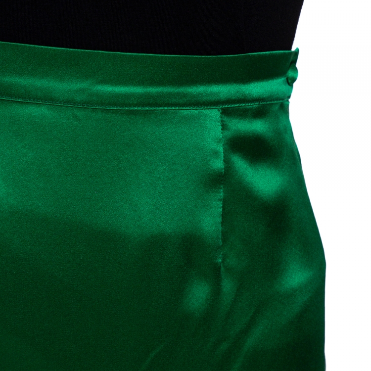 Pre Owned Roberto Cavalli Green Satin Silk Flared Maxi Skirt L