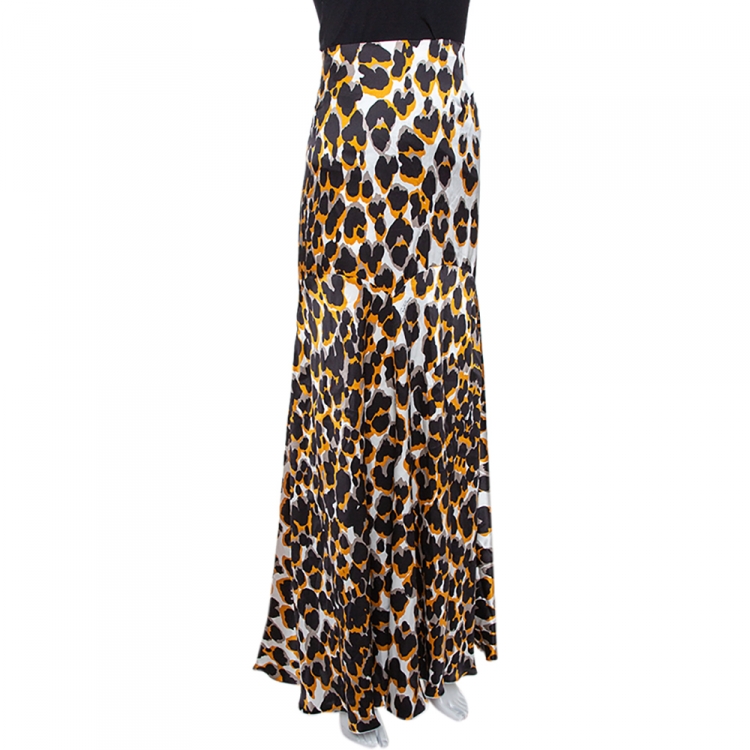 Pre Owned Roberto Cavalli Brown & Black Leopard Print Silk Flared Maxi Skirt L