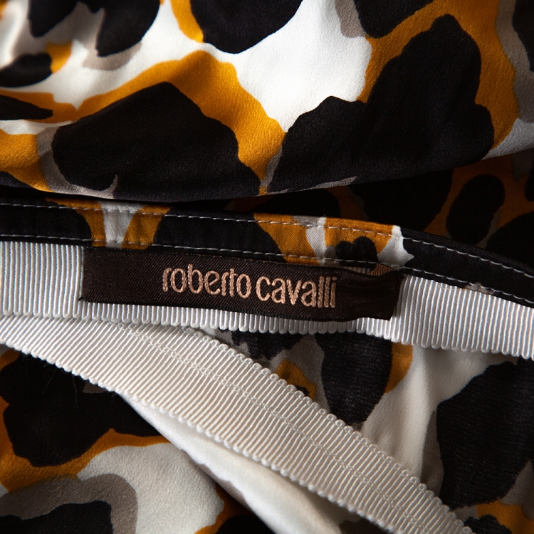 Pre Owned Roberto Cavalli Brown & Black Leopard Print Silk Flared Maxi Skirt L