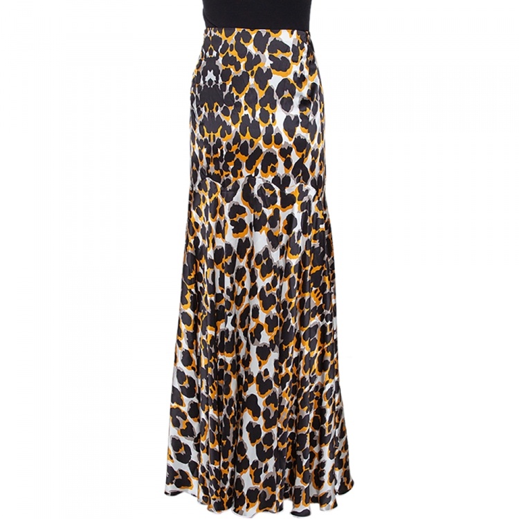 Pre Owned Roberto Cavalli Brown & Black Leopard Print Silk Flared Maxi Skirt L