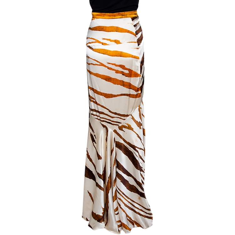 Pre Owned Roberto Cavalli Cream & Brown Animal Striped Silk Flared Maxi Skirt L