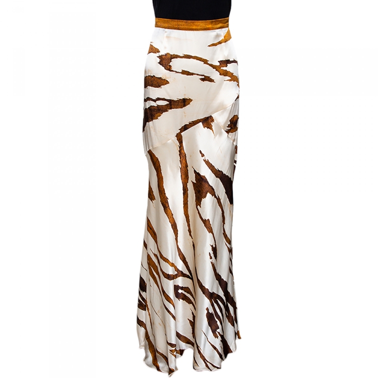Pre Owned Roberto Cavalli Cream & Brown Animal Striped Silk Flared Maxi Skirt L