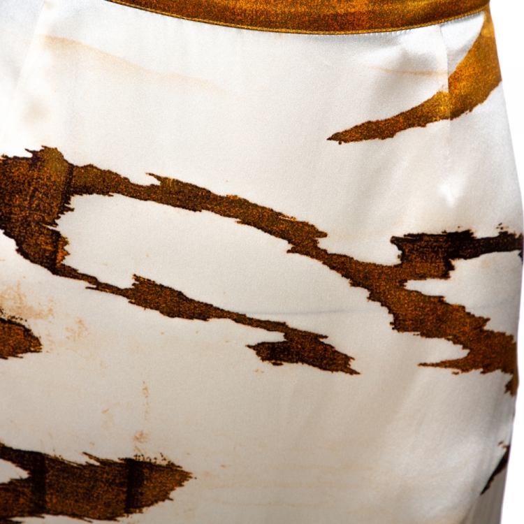 Pre Owned Roberto Cavalli Cream & Brown Animal Striped Silk Flared Maxi Skirt L