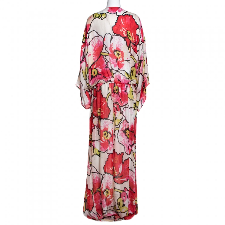 Pre Owned Roberto Cavalli Red Floral Print Silk Maxi Dress L