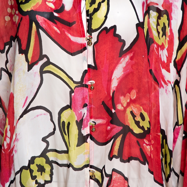 Pre Owned Roberto Cavalli Red Floral Print Silk Maxi Dress L