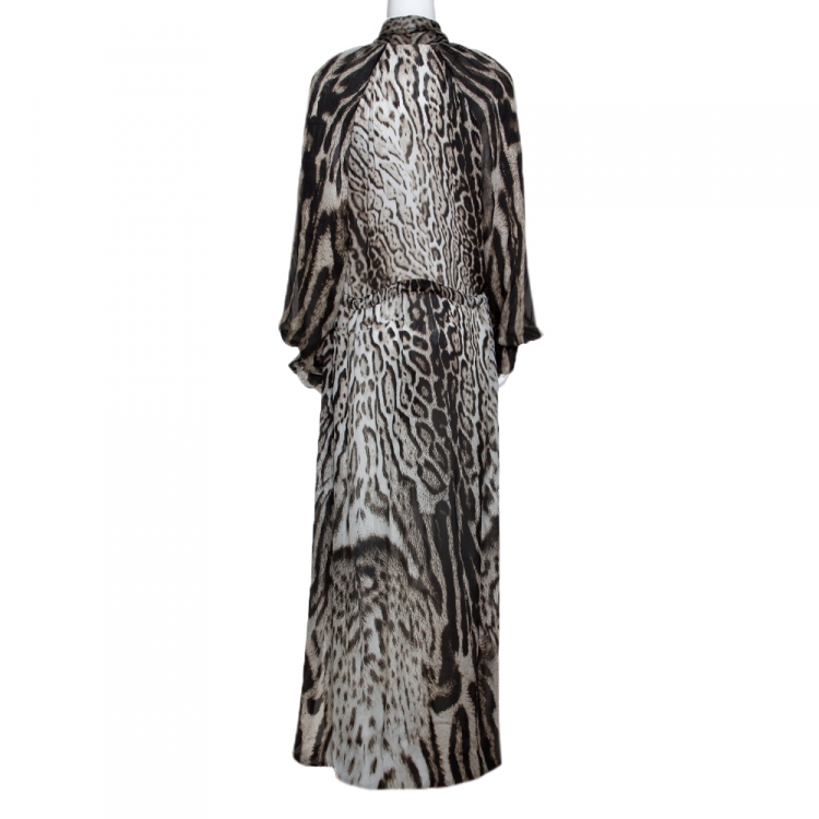 Pre Owned Roberto Cavalli Black & Grey Animal Print Silk Maxi Dress L