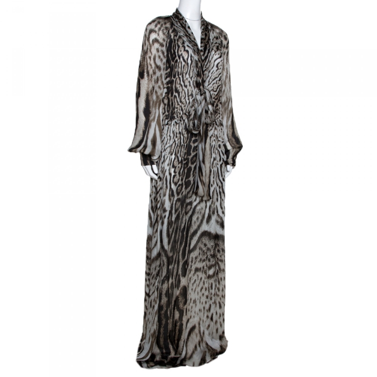 Pre Owned Roberto Cavalli Black & Grey Animal Print Silk Maxi Dress L