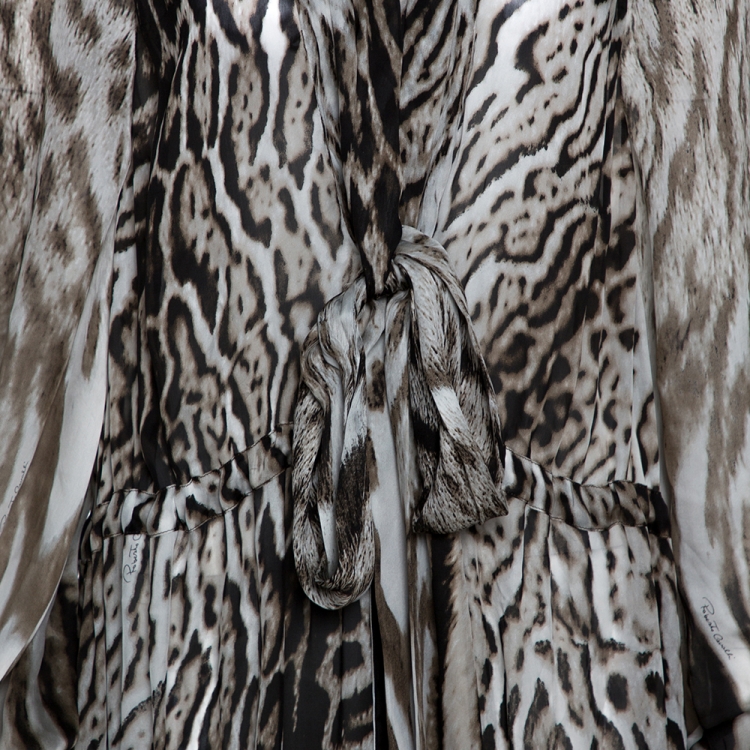 Pre Owned Roberto Cavalli Black & Grey Animal Print Silk Maxi Dress L