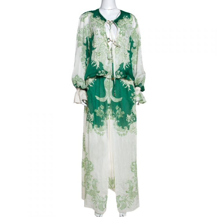 مملوكة مسبقًا Roberto Cavalli Green Floral Print Silk Maxi Dress L