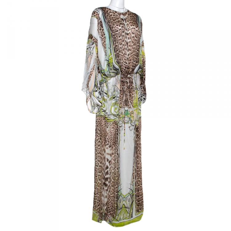 Pre Owned Roberto Cavalli Green & Brown Animal Print Silk Maxi Dress L