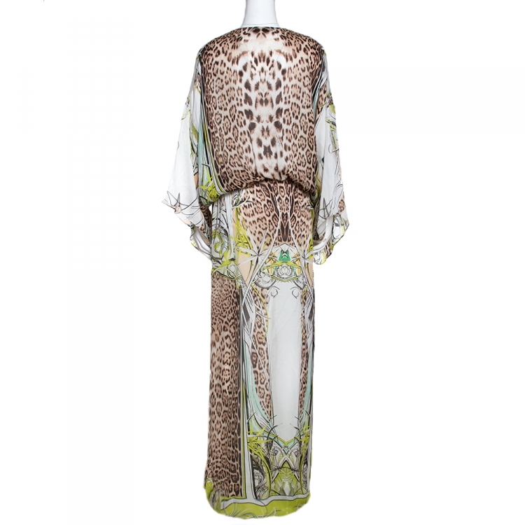 Pre Owned Roberto Cavalli Green & Brown Animal Print Silk Maxi Dress L