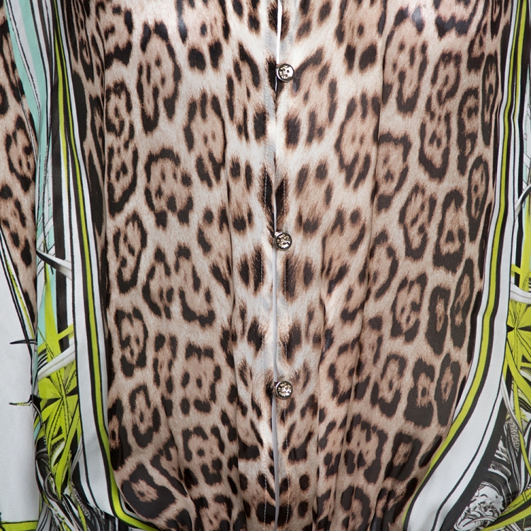 Pre Owned Roberto Cavalli Green & Brown Animal Print Silk Maxi Dress L