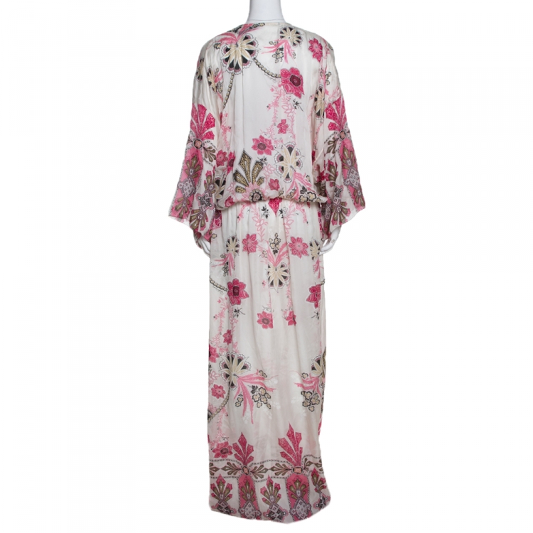 Pre Owned Roberto Cavalli Pink & White Floral Print Silk Maxi Dress M