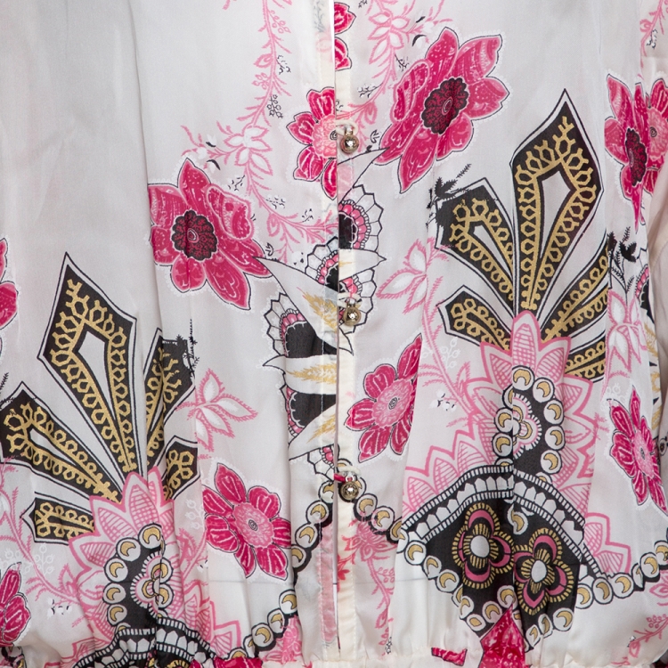 Pre Owned Roberto Cavalli Pink & White Floral Print Silk Maxi Dress M