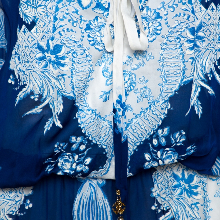 Pre Owned Roberto Cavalli Blue & White Floral Print Silk Maxi Dress L