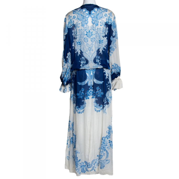 Pre Owned Roberto Cavalli Blue & White Floral Print Silk Maxi Dress L
