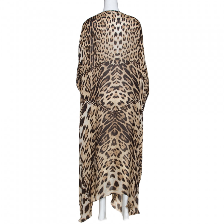 Pre Owned Roberto Cavalli Brown Animal Print Silk Kaftan Dress L