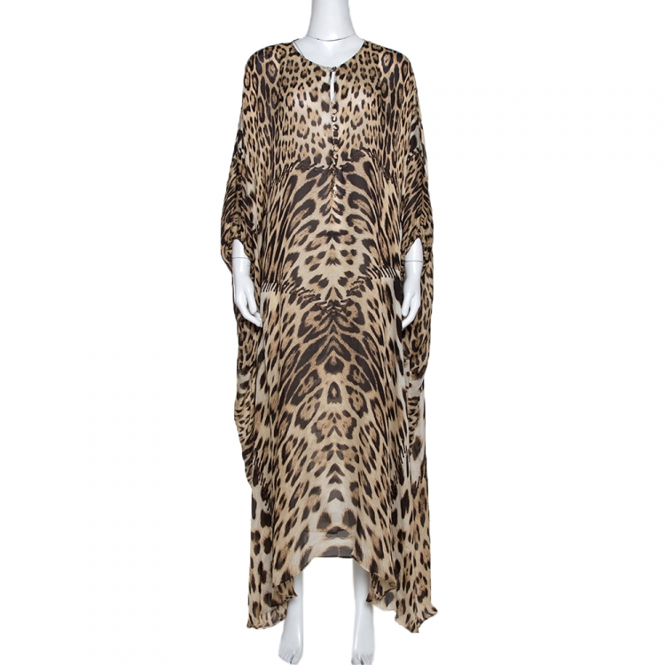 Pre Owned Roberto Cavalli Brown Animal Print Silk Kaftan Dress L